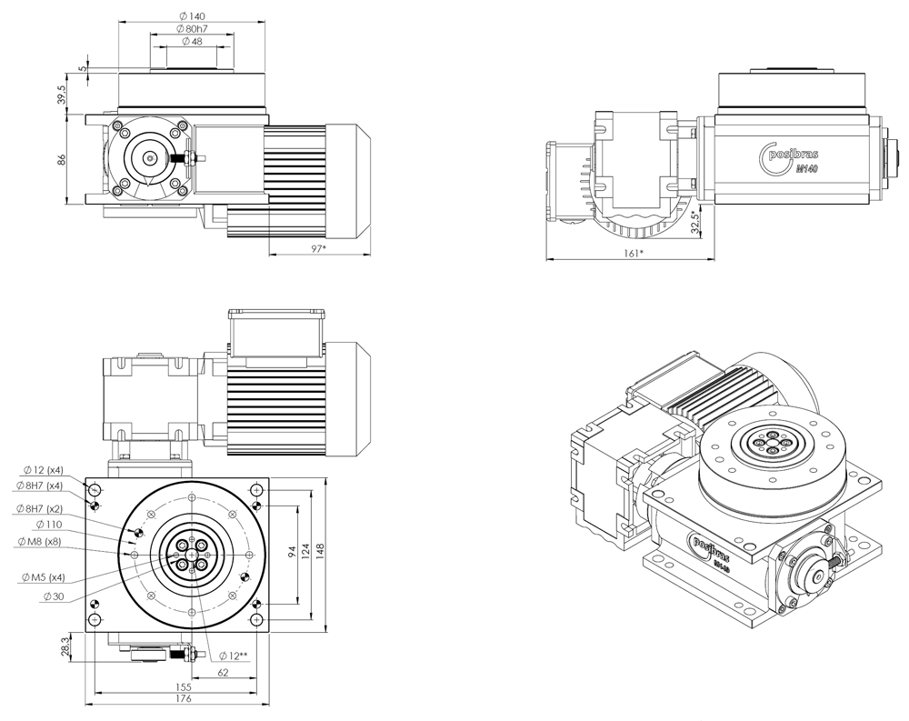 Principales dimensiones de la mesa indexadora M140 sistema métrico